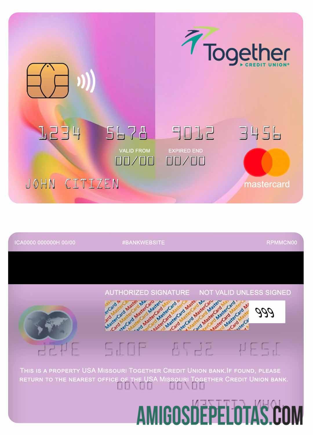 EUA Missouri Together Credit Union Bank Mastercard amostra